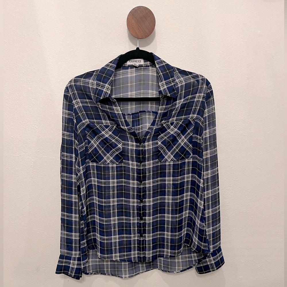 Express Sheer Blue Plaid Portifino Blouse | M